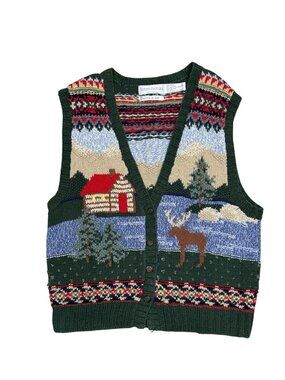 Vintage Robert Scott Ltd Hand Knit Sweater Vest Cottagecore Cabin Moose Scenic W